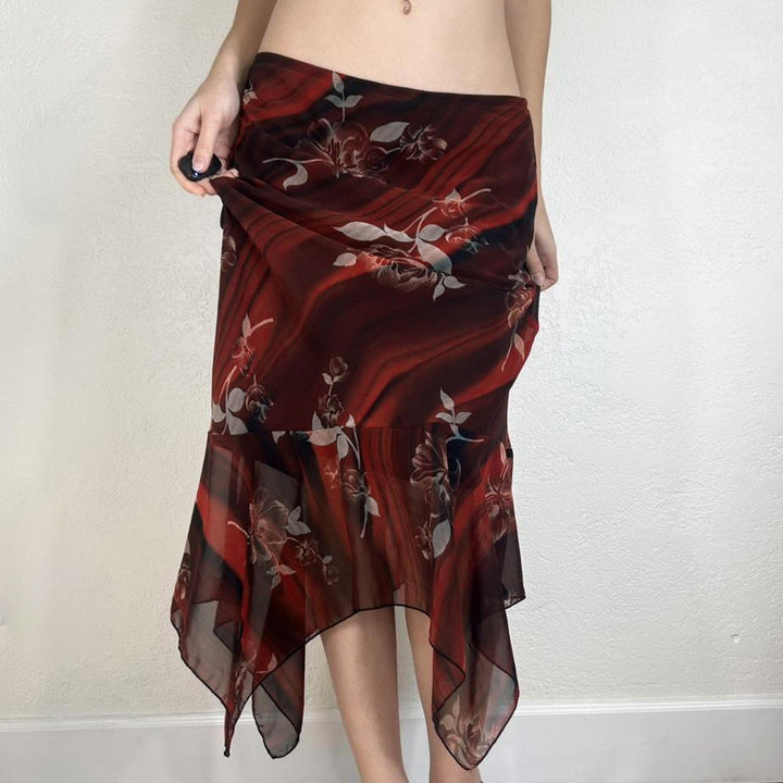 Women Asymmetrical Mesh Midi Skirt with Ruffle Layers and Floral Pattern Mune Fashion