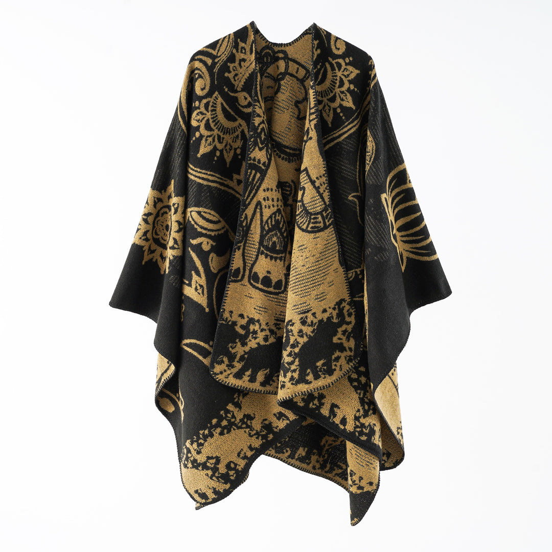Women's jacquard throw poncho with double-sided woven texture and decorative stitch edge Mune Fashion