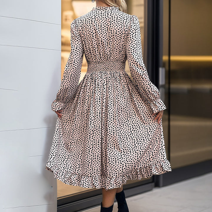 Women's midi dress with smocked waist, button placket, stand-up collar, and flounce skirt Mune Fashion