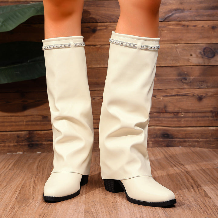 Women Knee-High Slouch Boots with Rhinestone Detail and Medium Block Heel Mune Fashion