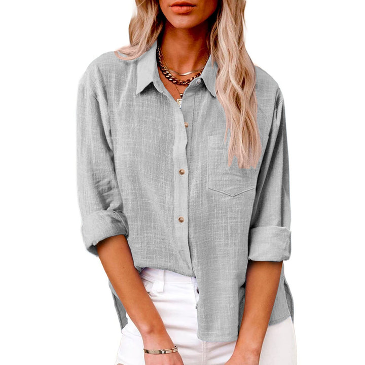 Women's oversized linen-cotton blend shirt blouse with breast pocket and roll-up sleeves Mune Fashion