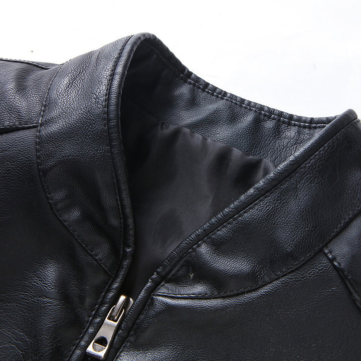 Men's Slim Faux Leather Zip Jacket with Minimalist Stand Collar and Double Stitching Details Mune Fashion