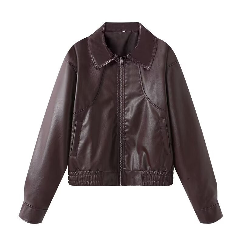 Women Cropped Faux Leather Bomber Jacket with Oversized Shirt Collar and Elastic Hem Mune Fashion