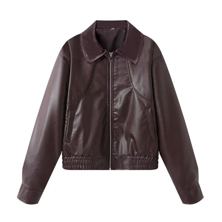 Women Cropped Faux Leather Bomber Jacket with Oversized Shirt Collar and Elastic Hem Mune Fashion