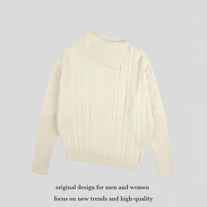 Women's asymmetrical cable knit sweater with diagonal turtleneck and oversized fit Mune Fashion