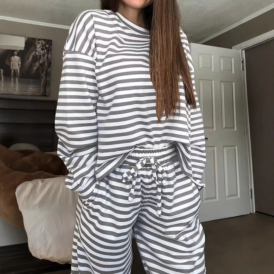 Women's Striped Lounge Set made from a soft cotton blend with wide leg Mune Fashion