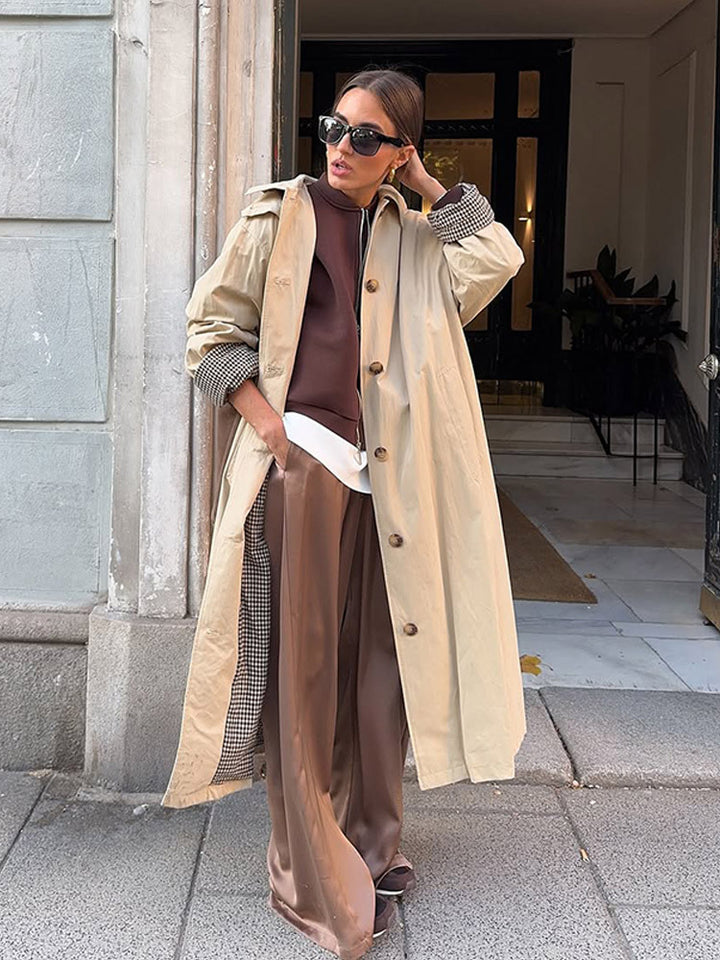 Women's Maxi Long Trench Coat with Check Lining, Wide Fall & Classic Button Placket Mune Fashion