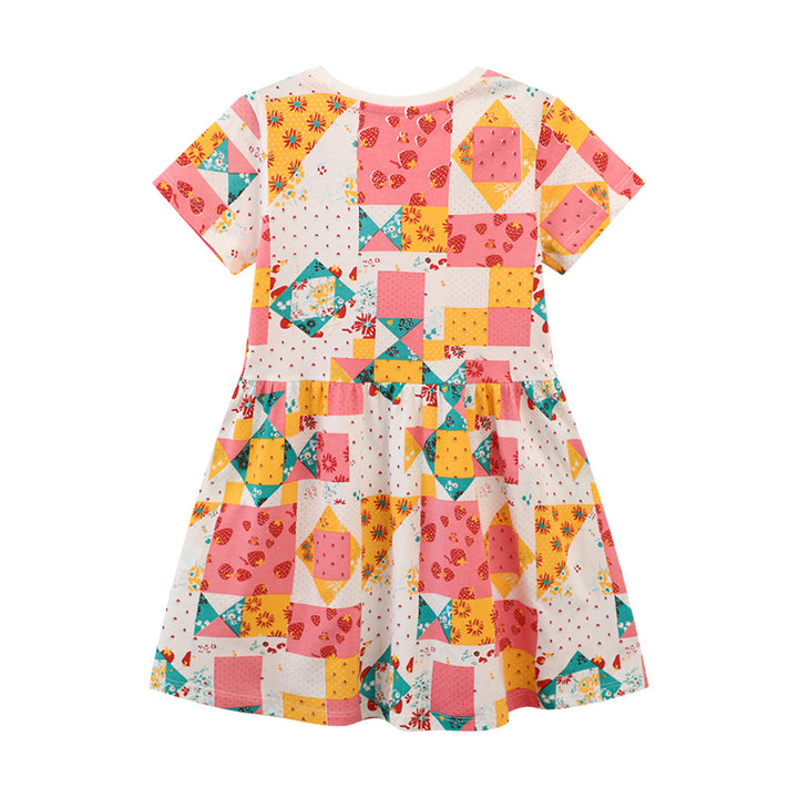 Girls Short Sleeve Dress with Cheerful Patchwork Design Mune Fashion