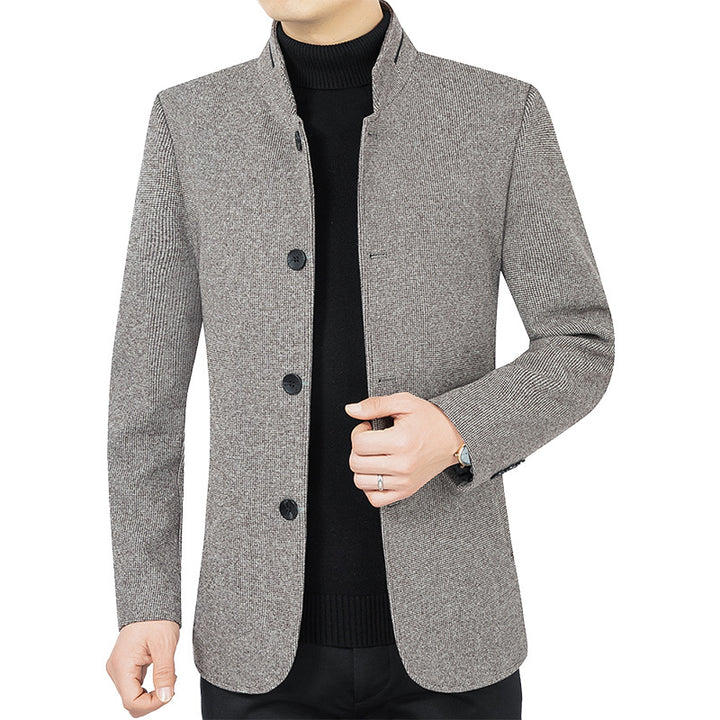 Men's modern tailored coat with stand-up collar and button placket made of wool blend Mune Fashion