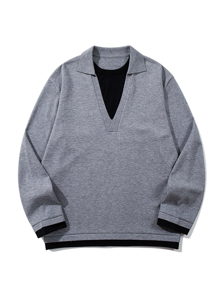 Unisex Casual Oversized Knit Sweater with Deep V Insert and Shirt Layer Look Mune Fashion