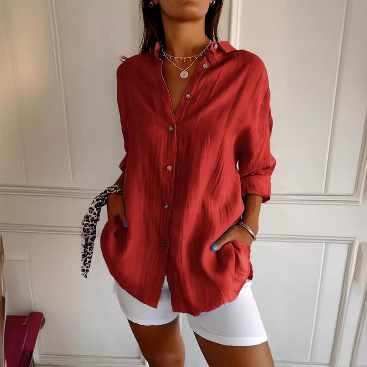 Women's Loose Crinkle Shirt with Pockets and Rolled-Up Sleeves Mune Fashion