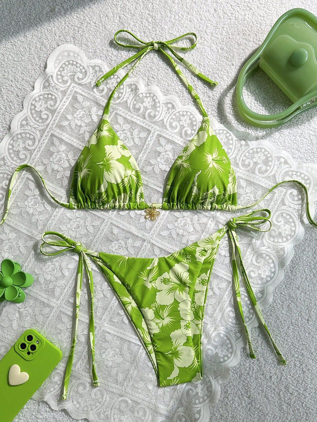 Women's triangle bikini with floral accents and intricate ties Mune Fashion
