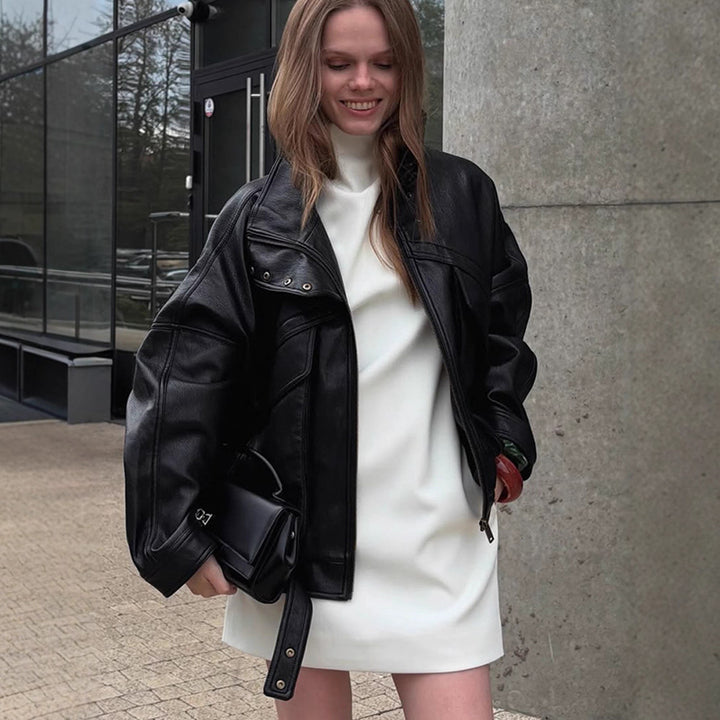 Women's Oversize Bomber Jacket made of textured faux leather with overlapping flap front Mune Fashion