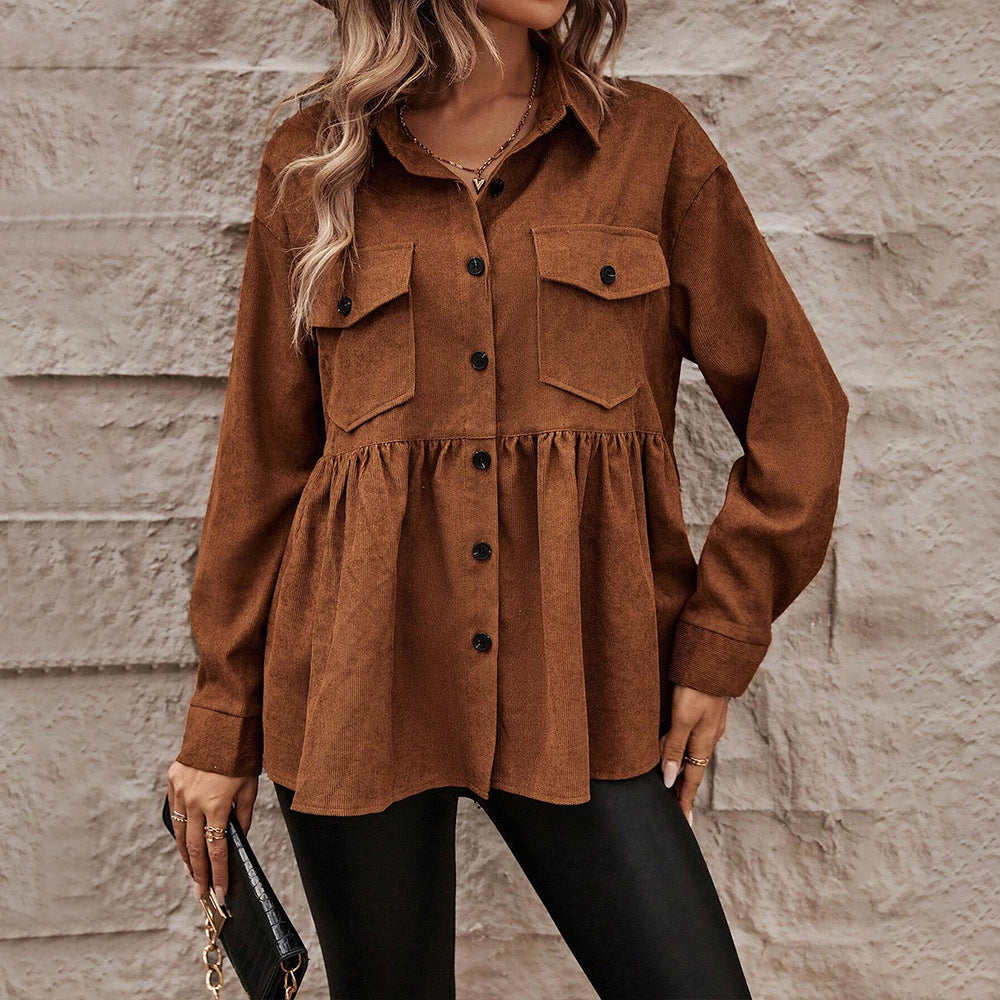 Women's Cord Peplum Blouse with Shirt Collar, Set-in Breast Pockets, and Continuous Button Placket Mune Fashion