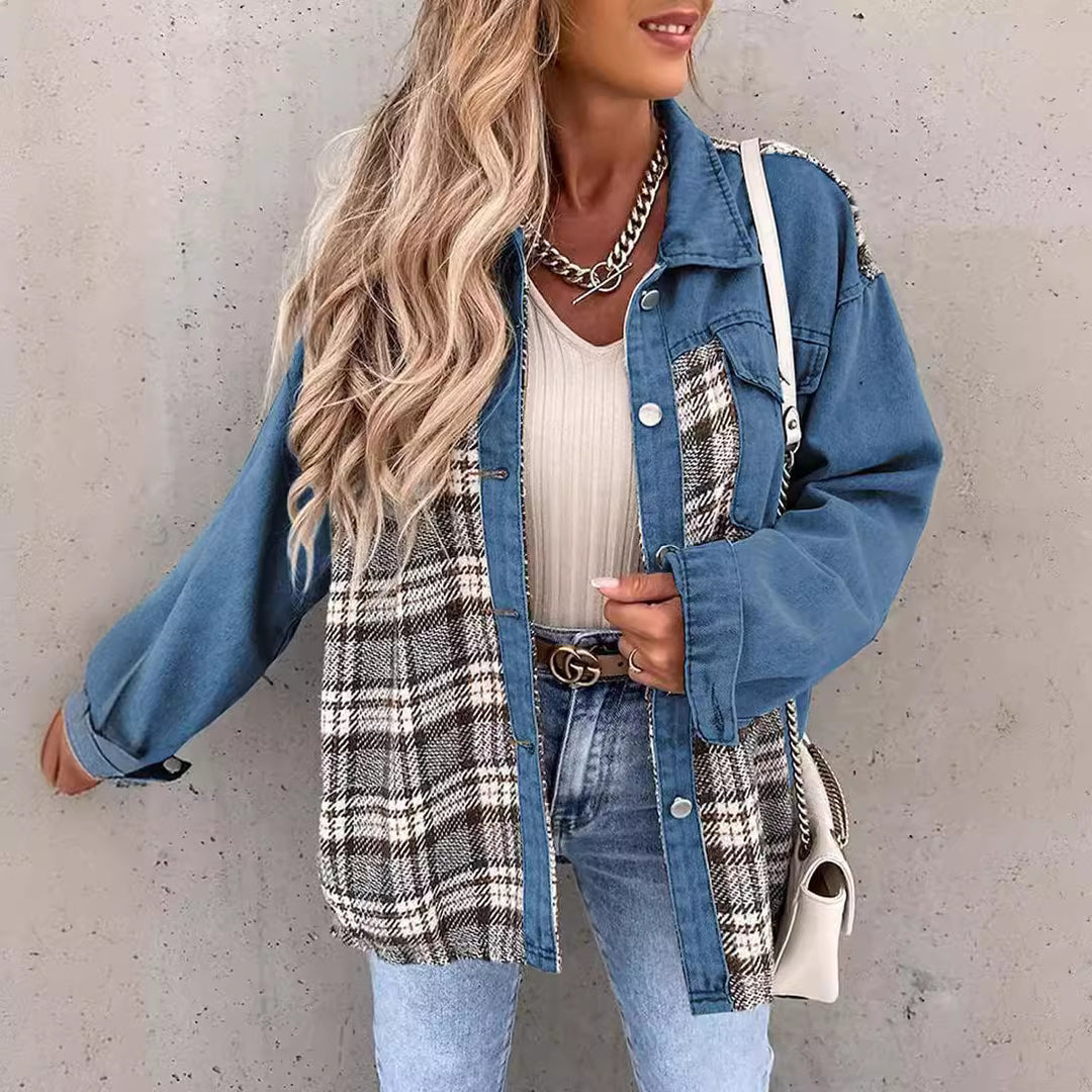 Women's casual shacket made of corduroy fabric with checked panel inserts and snap button closure Mune Fashion