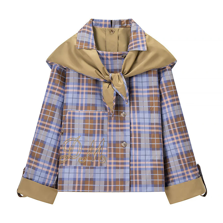 Ladies' casual rain jacket with removable check scarf as collar detail and embroidered patch pocket Mune Fashion