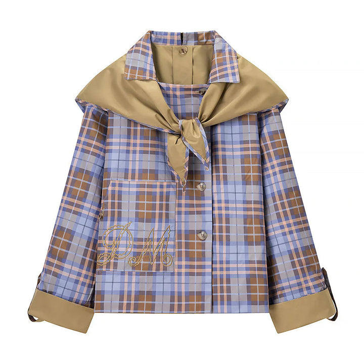 Ladies' casual rain jacket with removable check scarf as collar detail and embroidered patch pocket Mune Fashion