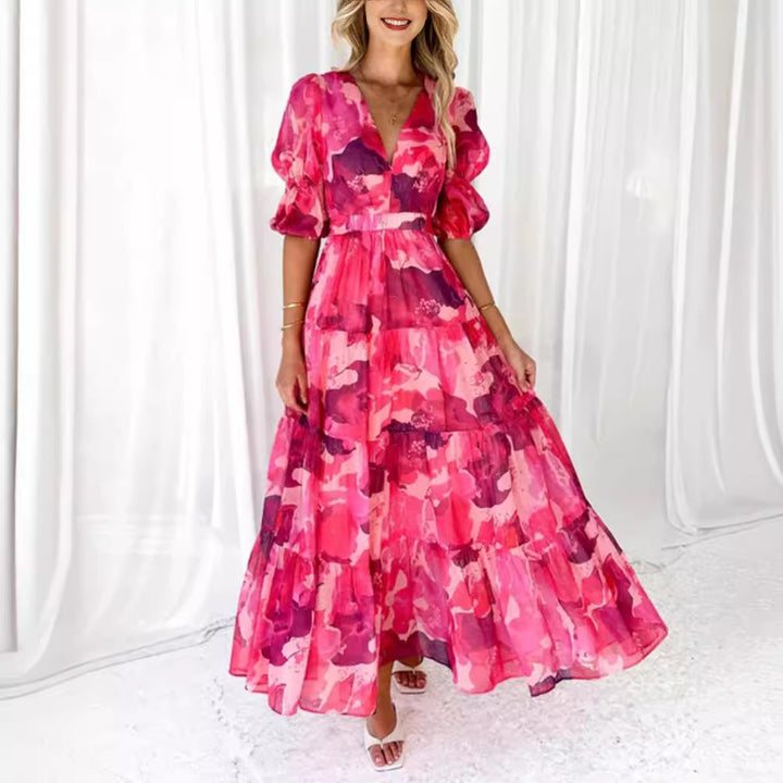 Ladies multi-layered maxi dress in ruffle tiered look with V-neck and gathered empire waist Mune Fashion