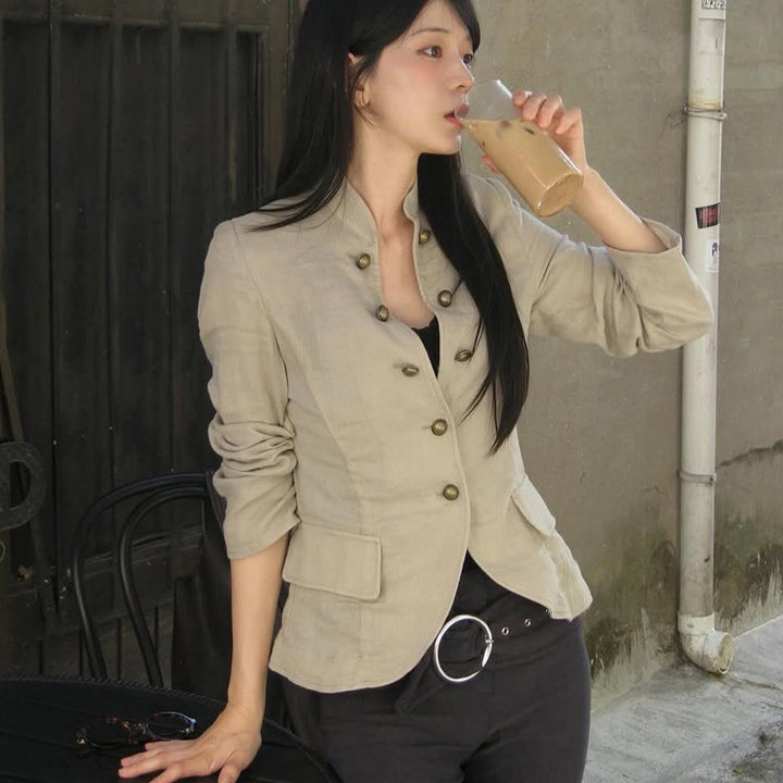 Women Tailored Linen Blazer with Stand-up Collar and Decorative Button Placket Mune Fashion
