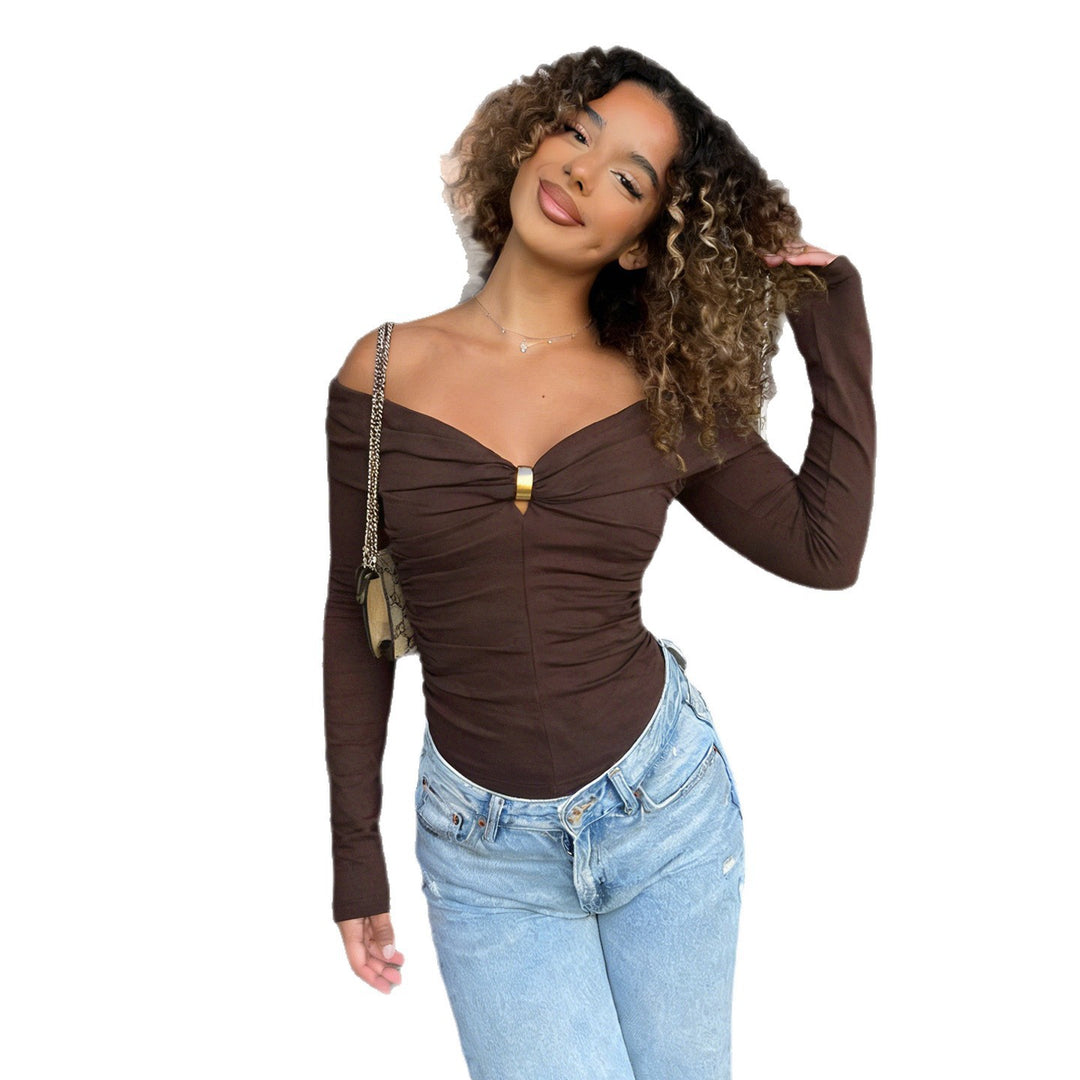 Women's Off-Shoulder Ruched Long Sleeve Cami with Decorative Clip Mune Fashion