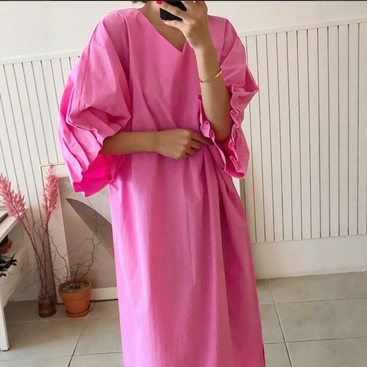 Women Oversized V-Neck Cotton Dress with Ruffle Sleeves Mune Fashion