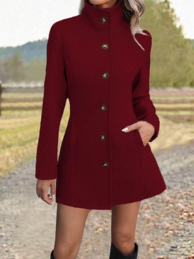 Women's Tailored Wool Coat with Stand-up Collar Mune Fashion