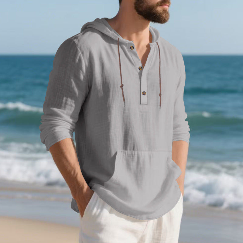 Men's Lightweight Hooded Henley Made of Cotton-Linen with Kangaroo Pocket Mune Fashion