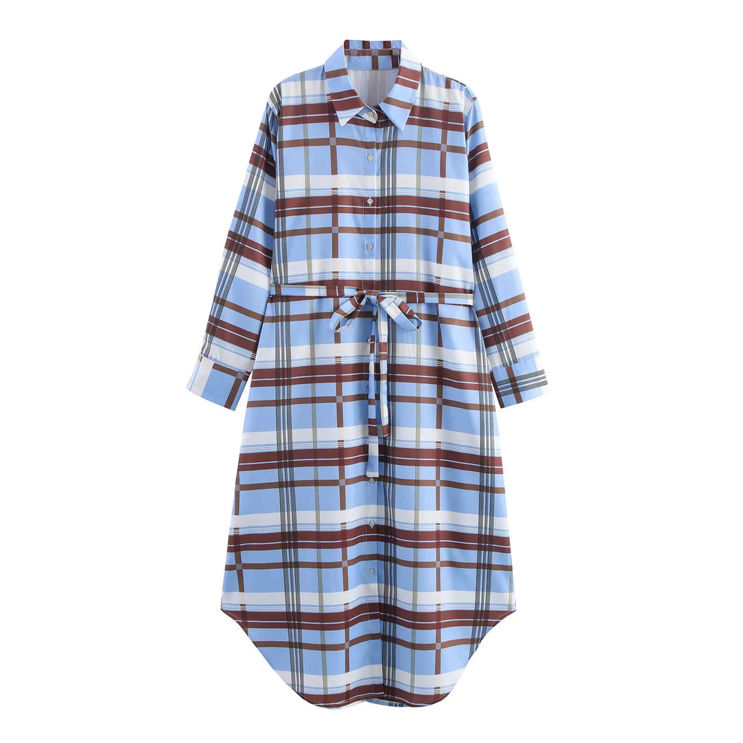 Women's checkered button-down dress with waist belt, continuous button placket and rounded high-low hem Mune Fashion