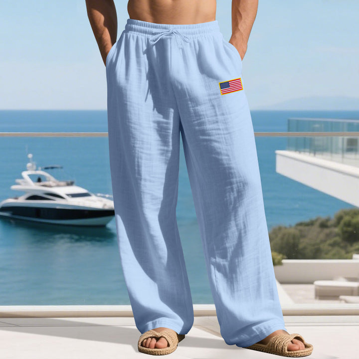 Men's Maritime Relaxed-Fit Linen-Look Casual Pants with Drawstring & Flag Patch Mune Fashion