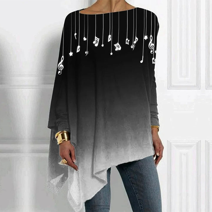 Women Asymmetrical Music Print Long Sleeve with Piano and Sheet Music Motif Mune Fashion