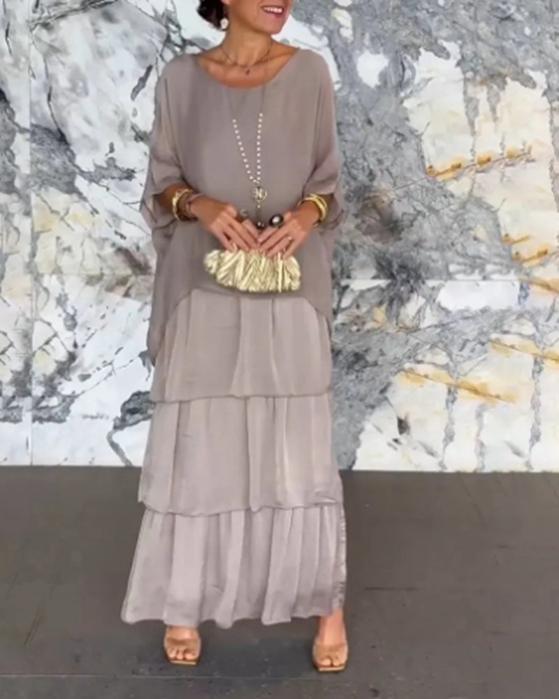 Women's ankle-length tiered dress with wide batwing sleeves and loose silhouette Mune Fashion