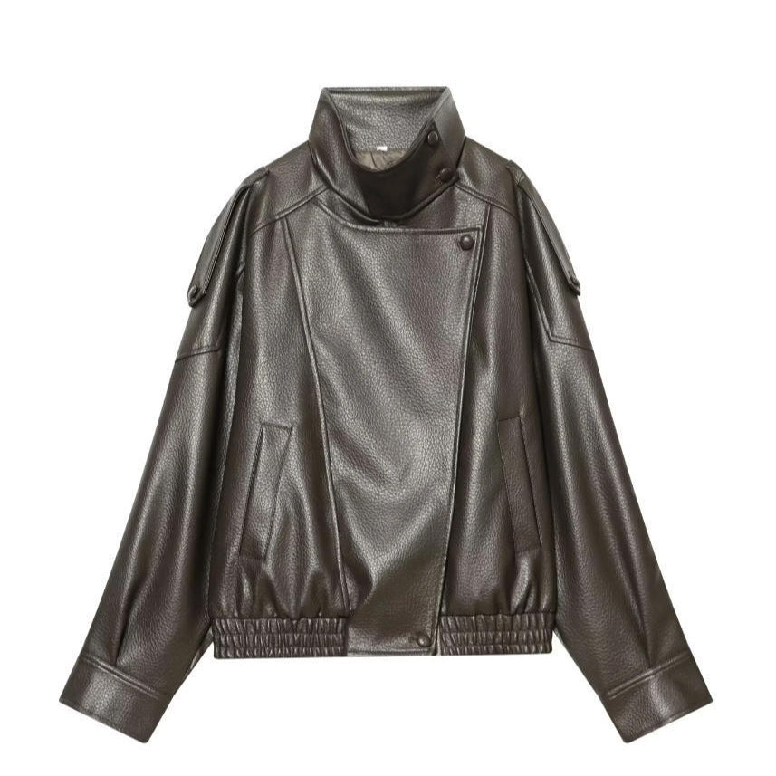 Women's Cropped Faux Leather Bomber with Asymmetric Snap Placket and Funnel Neck Mune Fashion