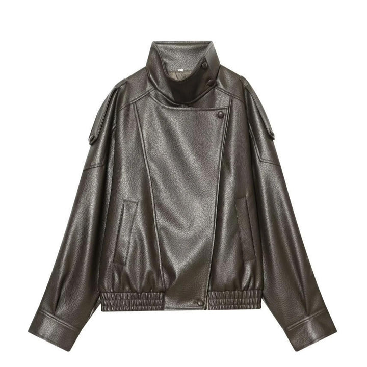 Women's Cropped Faux Leather Bomber with Asymmetric Snap Placket and Funnel Neck Mune Fashion