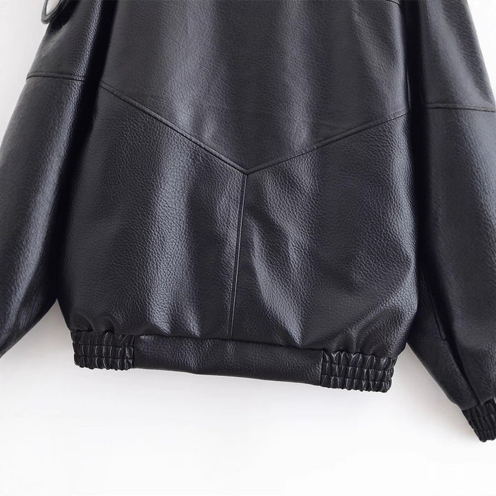 Ladies leather jacket with high stand-up collar and asymmetrical snap button placket Mune Fashion