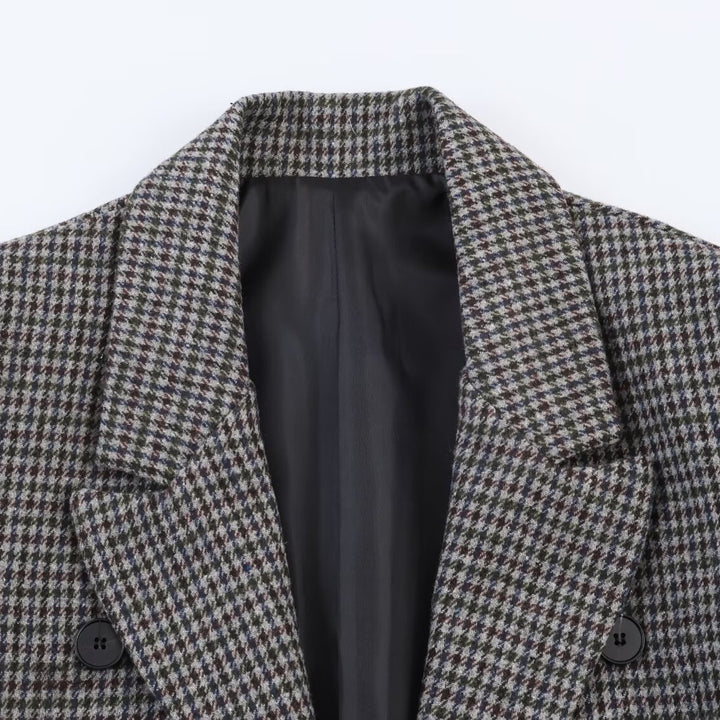 Women Double-breasted Houndstooth Blazer with Cutaway Hem and Vent Mune Fashion