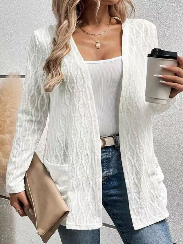 Women's open cardigan with structured wave pattern and patch pockets Mune Fashion