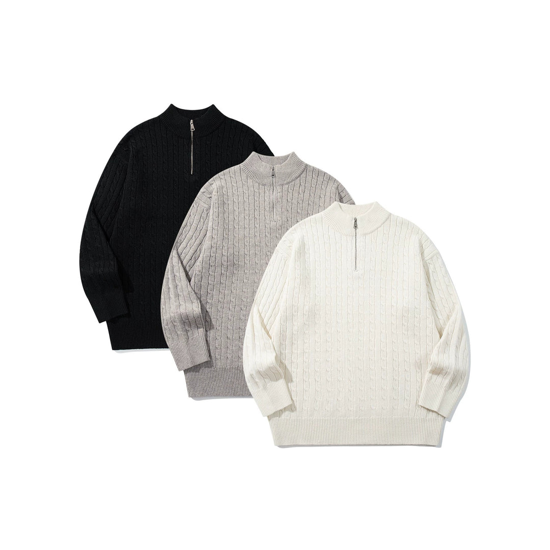 Unisex Cable Pattern Half-Zip Knit Sweater with High Ribbed Collar and Longer Hem Down