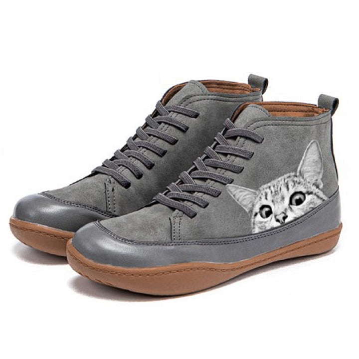 Women High-Top Sneakers with Artistic Cat Design and Comfortable Sole Mune Fashion