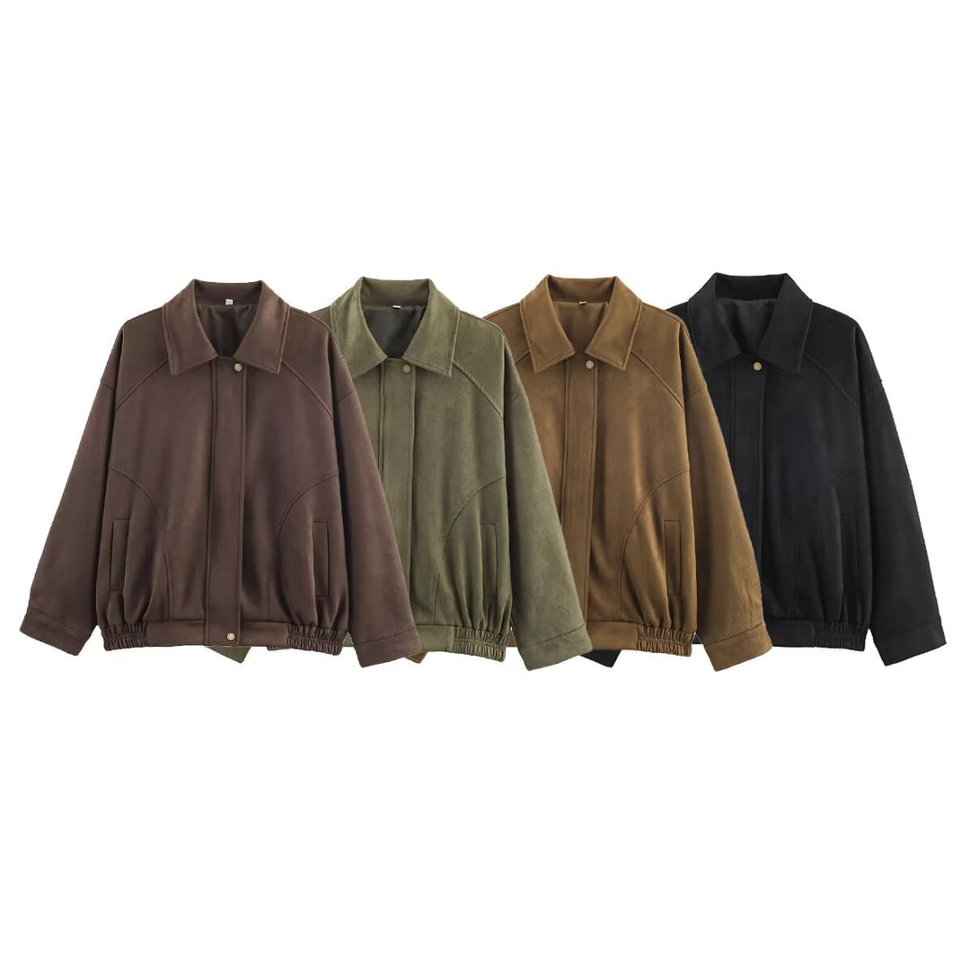 Women's oversized velvet bomber jacket with shirt collar, concealed snap button placket and elastic hem Mune Fashion