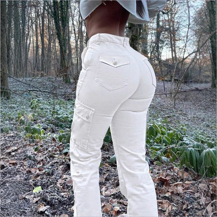 Women’s high-waisted cargo jeans with flared hem and functional flap pockets Mune Fashion