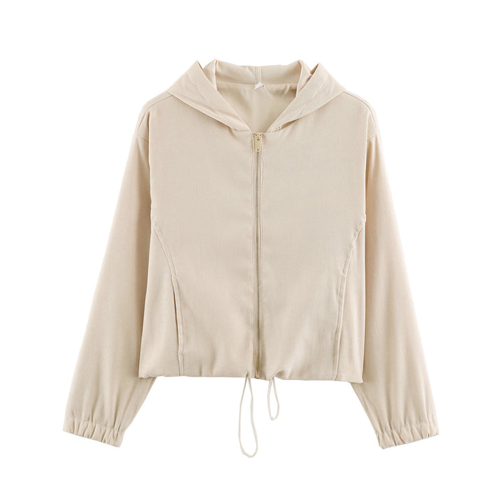 Women's short jacket in velour look with hood, full-length zipper and drawstring hem Mune Fashion