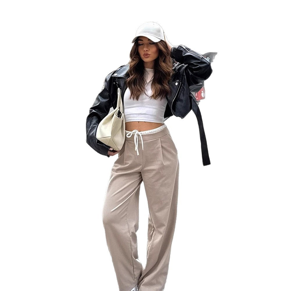 Women's Cropped Biker Jacket made of Faux Leather with a Tailoring Tie Belt and Distinctive Epaulettes Mune Fashion