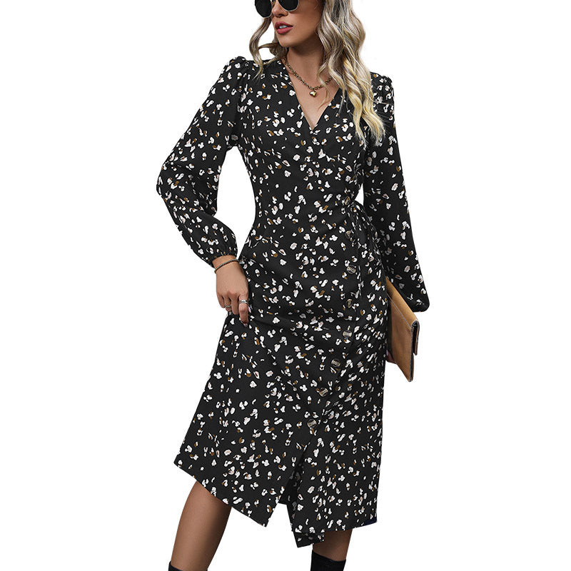 Women Tailored Wrap Midi Dress with V-Neck, Leg Slit and Volume Sleeves Mune Fashion