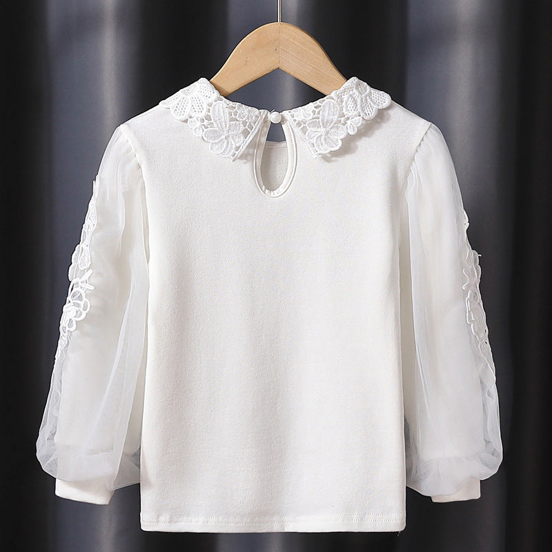 Girl's blouse with floral embroidery and transparent sleeves Mune Fashion
