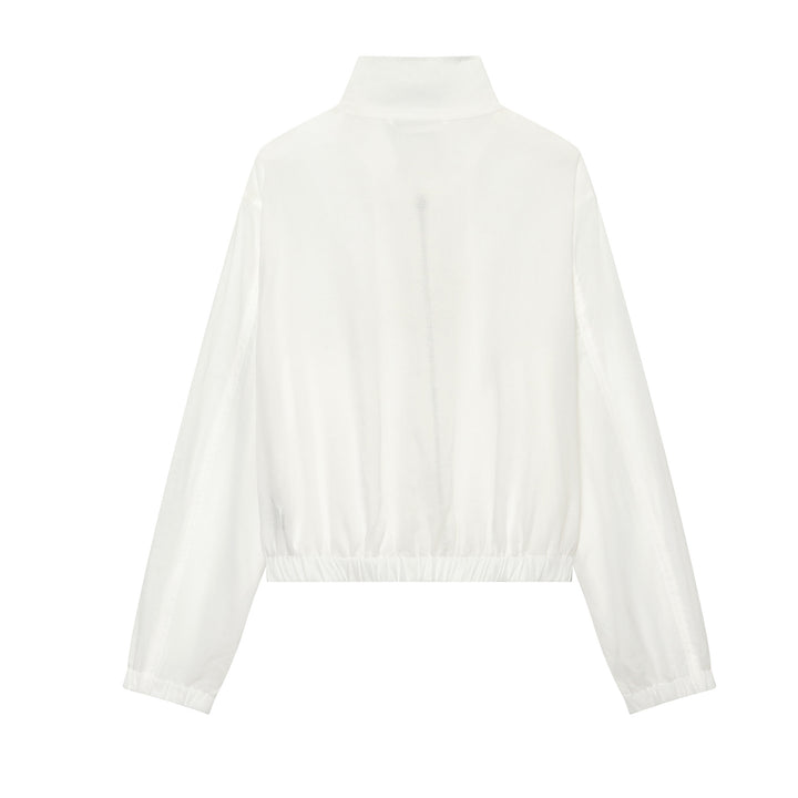 Women's lightweight bomber jacket with high stand-up collar, zipper, front pockets, and elastic hem Mune Fashion