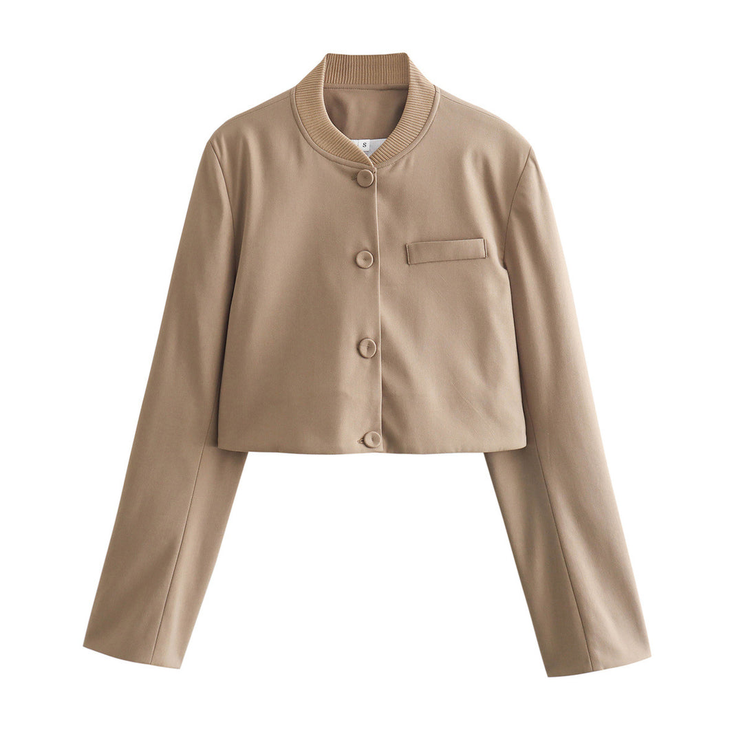 Women's short-cut pinstripe bolero jacket with rounded stand collar and decorative buttons Mune Fashion