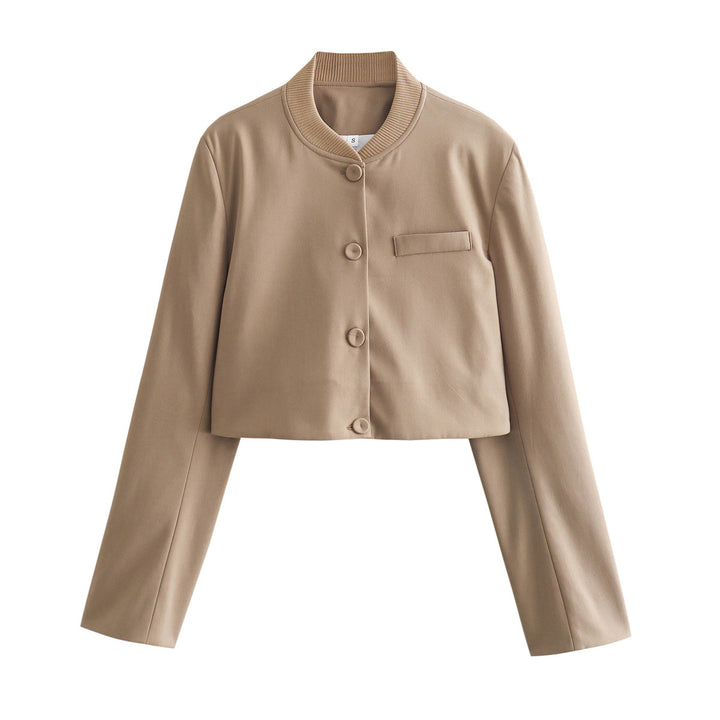 Women's short-cut pinstripe bolero jacket with rounded stand collar and decorative buttons Mune Fashion