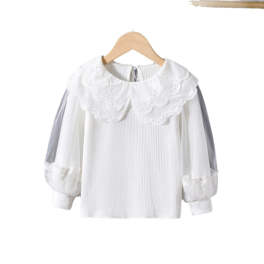 Girl's fashionable blouse with elegant lace collar and tulle sleeves Mune Fashion