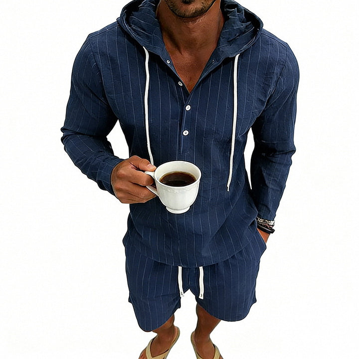 Men's striped linen-look hooded Henley set with drawstring shorts Mune Fashion