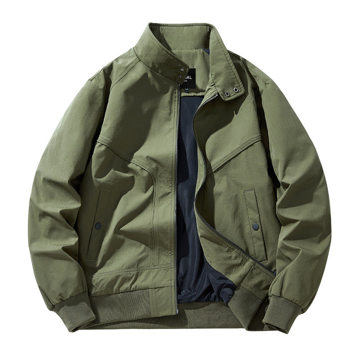 Men lightweight stand-up collar cotton blend bomber jacket with snap button neckline and diagonal seam details Mune Fashion